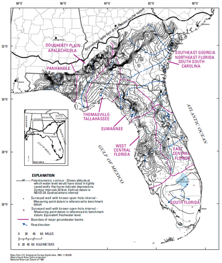 Groundwater basins and potentiometric surface map