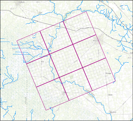 Overlay of the 8 mile by 8 mile RASA grid (magenta) over the new 1 mile by 1 mile grid (light grey)